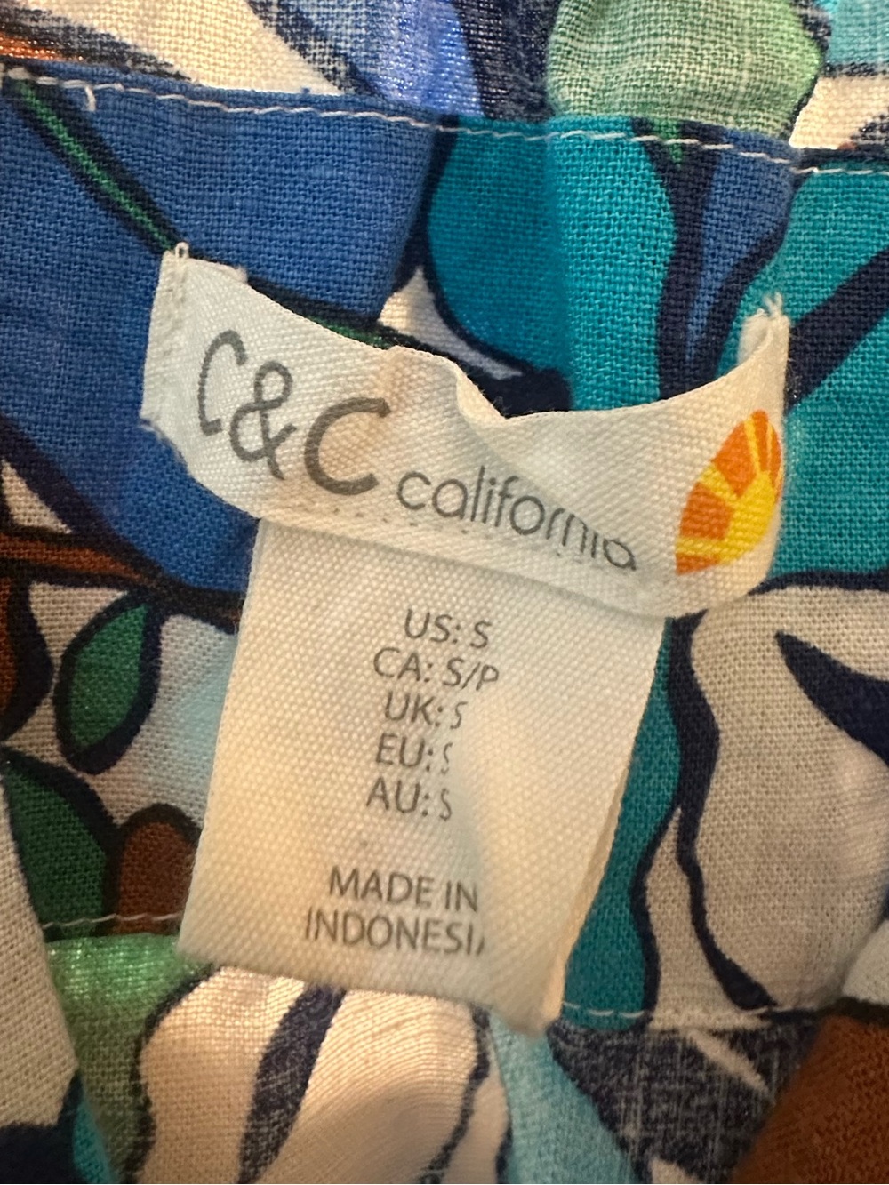 Linen Floral Dress C&C California Maxi Size S Blue Green Boho - Picture 4 of 6